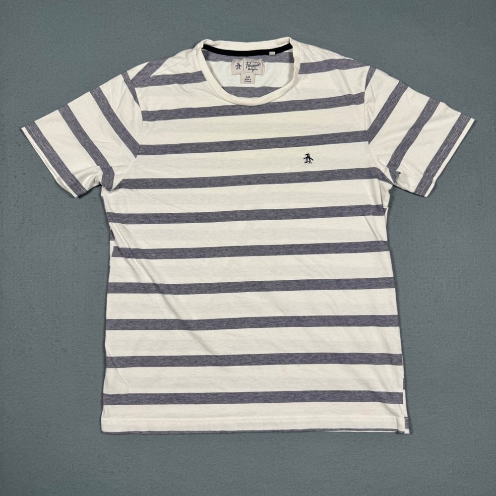 Original Penguin Mens T-Shirt Large White Blue Striped Cotton Crew Neck Logo L